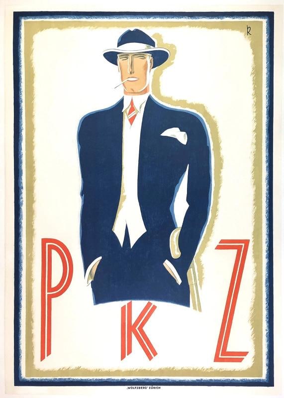 Original Vintage Poster PKZ Swiss Art Deco Men's Clothing Fashion LINEN Rare!: Dimensions: 35.8 x 50 in. / 91 x 127 cm.; Circa: 1924 Original vintage "PKZ" Swiss art deco fashion poster, monogrammed in the plate by its artist, A. ERNST KRETSCHMANN, and printed by WOLFSBERG, ZURI