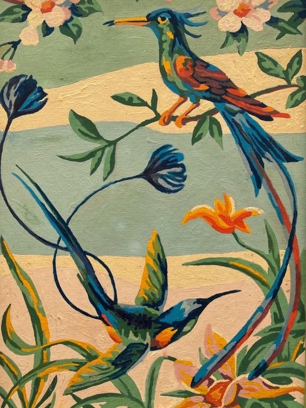 RARE VINTAGE 1950'S ART DECO PAINT BY NUMBER TROPICAL BIRDS FRAMED PAINTINGS SET - 10