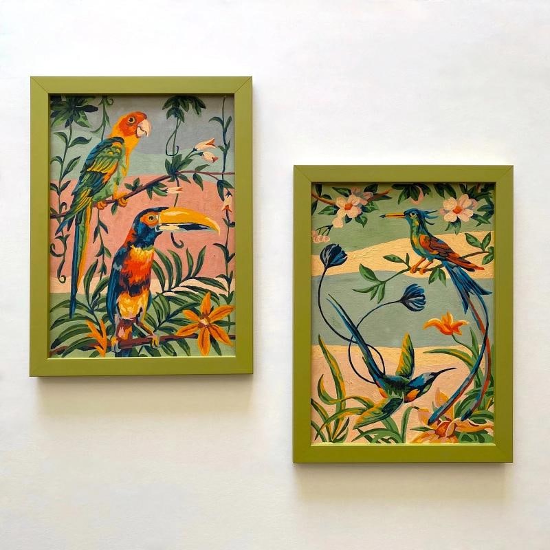 RARE VINTAGE 1950'S ART DECO PAINT BY NUMBER TROPICAL BIRDS FRAMED PAINTINGS SET - 11