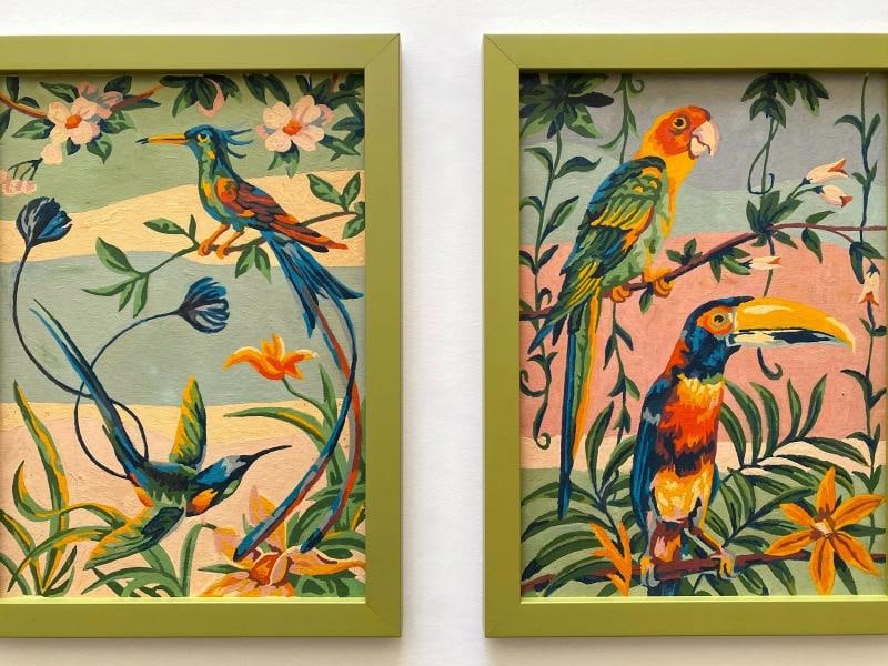 RARE VINTAGE 1950'S ART DECO PAINT BY NUMBER TROPICAL BIRDS FRAMED PAINTINGS SET - 12