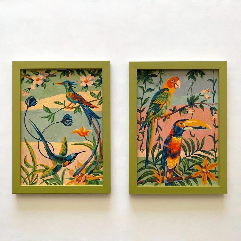 RARE VINTAGE 1950'S ART DECO PAINT BY NUMBER TROPICAL BIRDS FRAMED PAINTINGS SET - 13