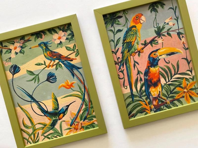 RARE VINTAGE 1950'S ART DECO PAINT BY NUMBER TROPICAL BIRDS FRAMED PAINTINGS SET - 14