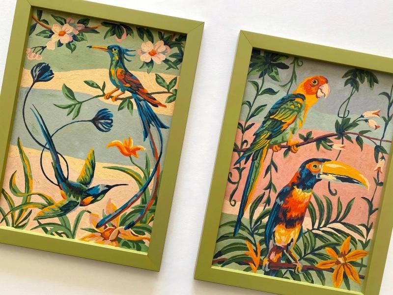 RARE VINTAGE 1950'S ART DECO PAINT BY NUMBER TROPICAL BIRDS FRAMED PAINTINGS SET - 16