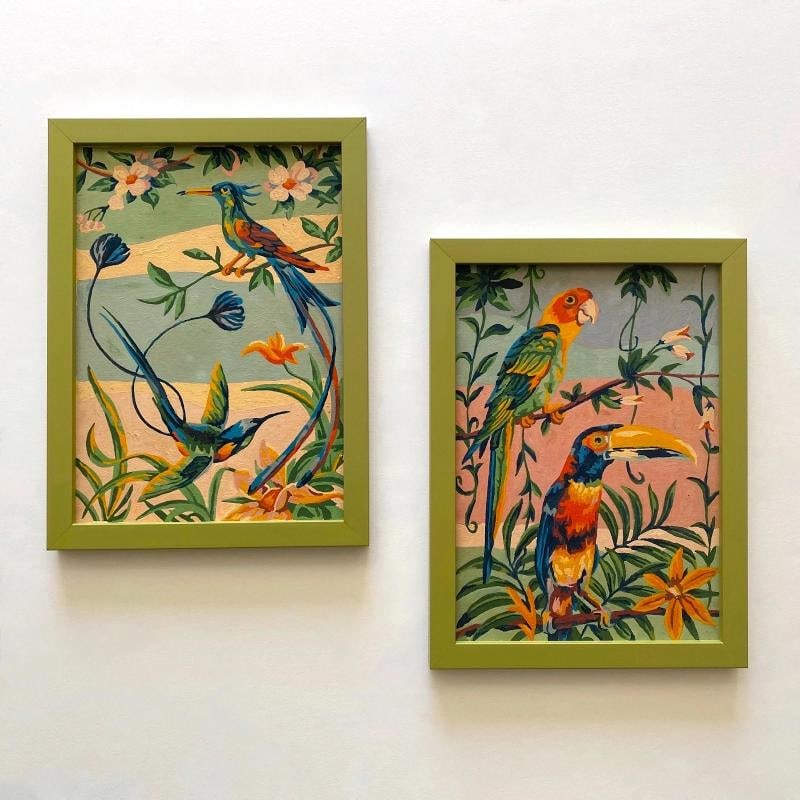 RARE VINTAGE 1950'S ART DECO PAINT BY NUMBER TROPICAL BIRDS FRAMED PAINTINGS SET - 17