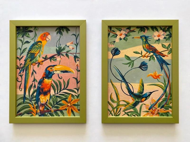 RARE VINTAGE 1950'S ART DECO PAINT BY NUMBER TROPICAL BIRDS FRAMED PAINTINGS SET - 18
