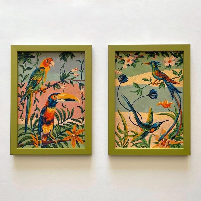 RARE VINTAGE 1950'S ART DECO PAINT BY NUMBER TROPICAL BIRDS FRAMED PAINTINGS SET - 2