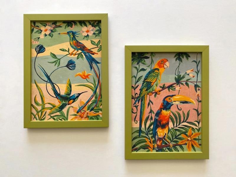 RARE VINTAGE 1950'S ART DECO PAINT BY NUMBER TROPICAL BIRDS FRAMED PAINTINGS SET - 3