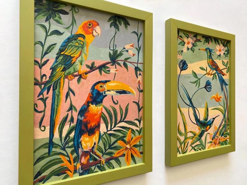RARE VINTAGE 1950'S ART DECO PAINT BY NUMBER TROPICAL BIRDS FRAMED PAINTINGS SET - 4