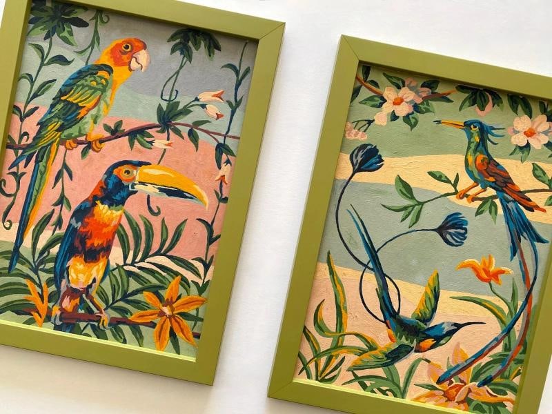 RARE VINTAGE 1950'S ART DECO PAINT BY NUMBER TROPICAL BIRDS FRAMED PAINTINGS SET - 5