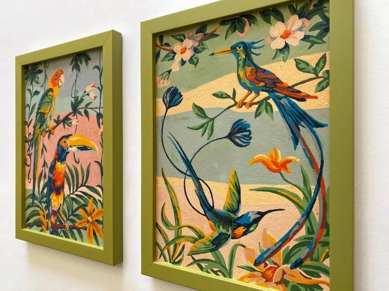 RARE VINTAGE 1950'S ART DECO PAINT BY NUMBER TROPICAL BIRDS FRAMED PAINTINGS SET - 6