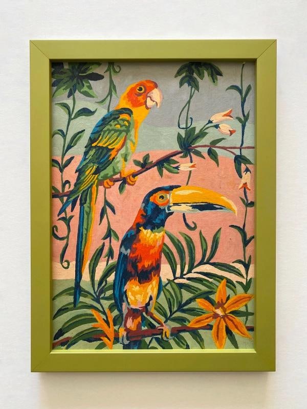 RARE VINTAGE 1950'S ART DECO PAINT BY NUMBER TROPICAL BIRDS FRAMED PAINTINGS SET - 7