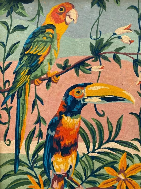 RARE VINTAGE 1950'S ART DECO PAINT BY NUMBER TROPICAL BIRDS FRAMED PAINTINGS SET - 8