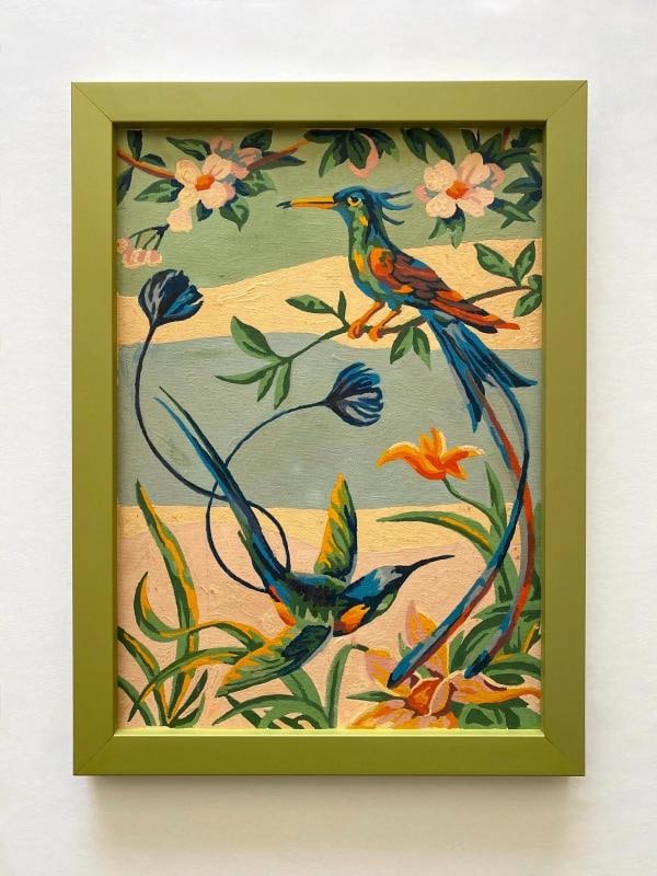 RARE VINTAGE 1950'S ART DECO PAINT BY NUMBER TROPICAL BIRDS FRAMED PAINTINGS SET - 9