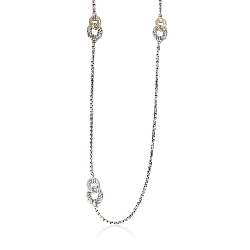 David Yurman Yellow Gold & Sterling Silver Belmont Curb Station Necklace: Condition: Pre-owned,Clasp/Buckle Type: Lobster Claw,Side Stone Type: No Stone,Metal Purity: 18k,With Original Box/Packaging: No,With Papers: No,Gross Weight (grams): 50.41,Department: