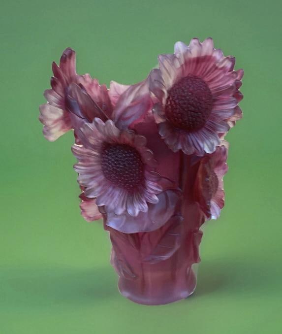 Nancy Daum Style Sunflower Red Crystal Vase H9 Heavy Art Glass Unique Color - 10