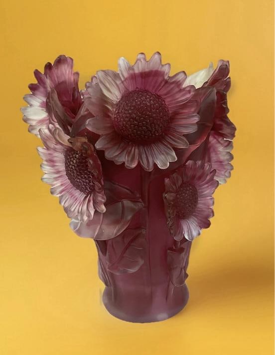 Nancy Daum Style Sunflower Red Crystal Vase H9 Heavy Art Glass Unique Color - 12