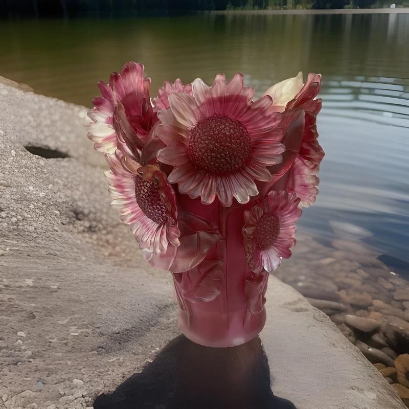Nancy Daum Style Sunflower Red Crystal Vase H9 Heavy Art Glass Unique Color - 4