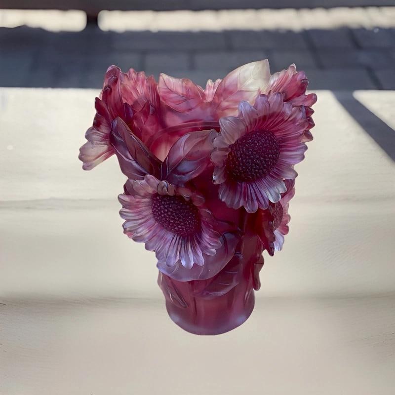 Nancy Daum Style Sunflower Red Crystal Vase H9 Heavy Art Glass Unique Color - 5