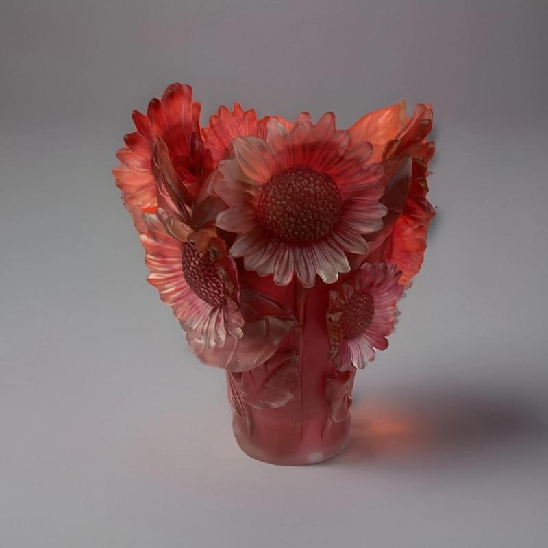 Nancy Daum Style Sunflower Red Crystal Vase H9 Heavy Art Glass Unique Color - 8