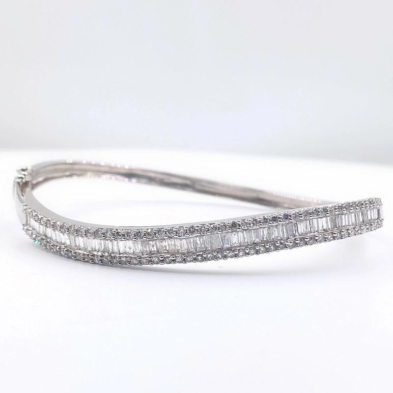 Round and Baguette Diamonds Bracelet Bangle 14K White Gold - 9