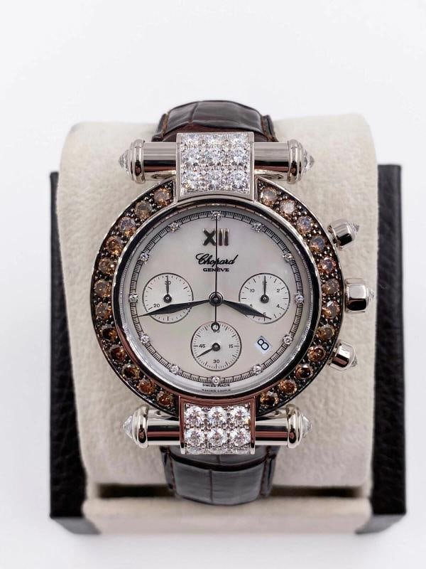 Chopard Imperiale 1215 37 / 3168-52 Chocolate Diamonds MOP 18K White Gold: Condition: Pre-owned - Good,Dial Pattern: Mother of Pearl,Indices: Diamond Markers,Band/Strap: Two-Piece Strap,Department: Unisex Adult,Bezel Type: Diamond,Watch Shape: Round,Style: Casual, Classic,