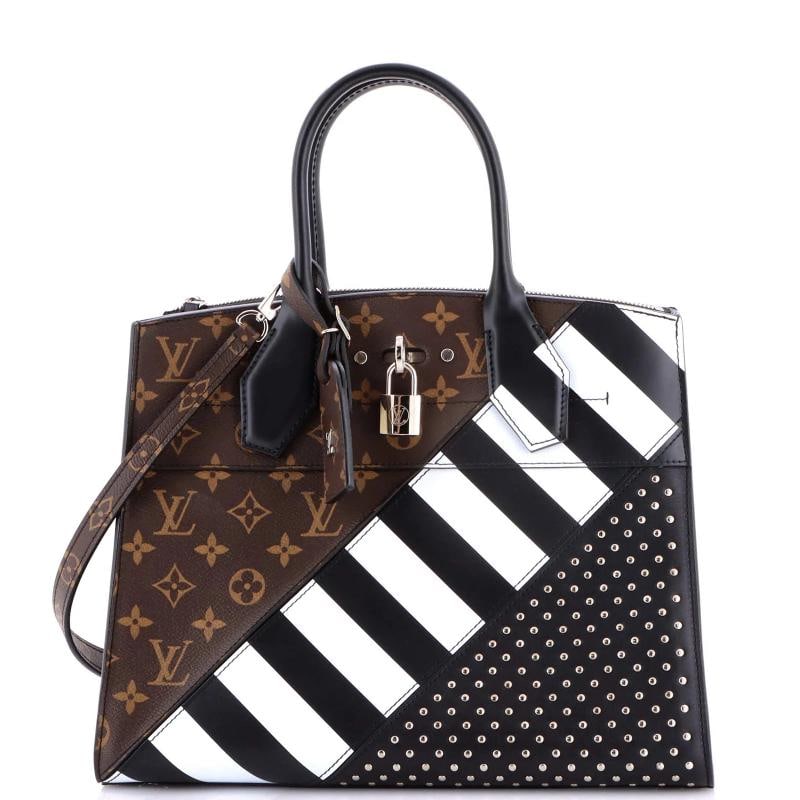 Louis Vuitton City Steamer Handbag Studded Leather and Monogram Canvas MM: Accessories: Keys, Luggage Tag, Lock, With Strap Measurements: Height 10", Width 12.5", Depth 5". Condition: Pre-owned - Excellent,Brand: Louis Vuitton,Exterior Material: Canvas Coated, Leather,Style: