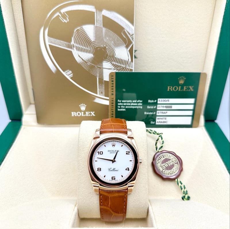 Rolex Cellini Cestello 5330/5 36mm White Arabic Dial 18k Rose Gold Box Paper: Style Number: 5330/5 Serial: D764*** Year: 2014 Model: Rolex Cellini Cestello Case Material: 18K Rose Gold Band: Factory Brown Leather Strap Bezel: 18K Rose Gold Dial: White Arabic Dial Crystal: Sapph