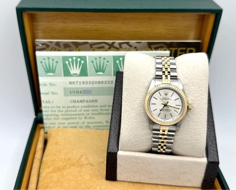 Rolex Ladies Oyster Perpetual 67193 Silver Dial 18k Yellow Gold Steel Box Paper - 2