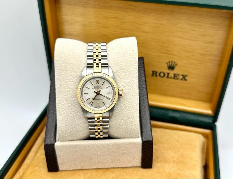 Rolex Ladies Oyster Perpetual 67193 Silver Dial 18k Yellow Gold Steel Box Paper - 3