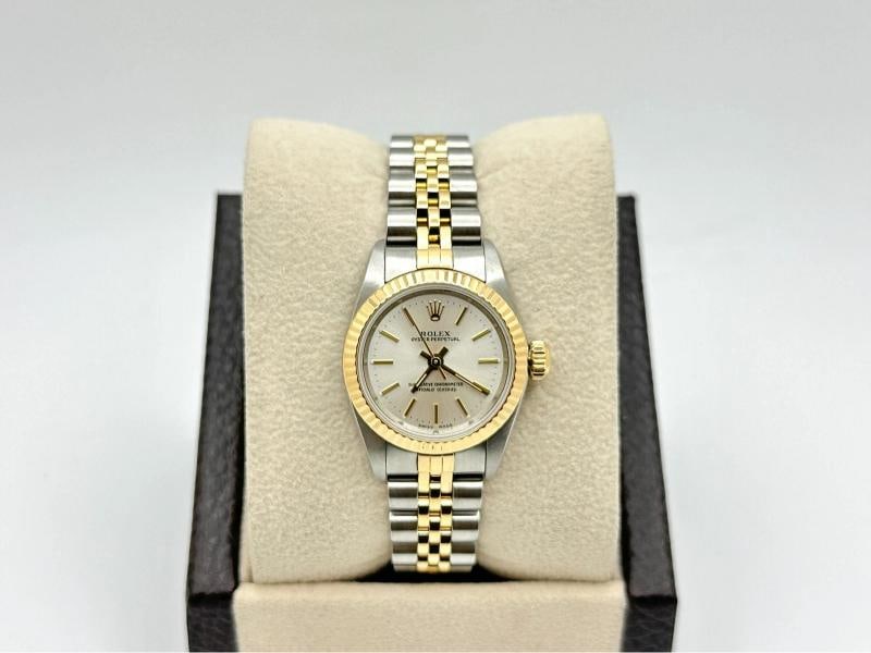 Rolex Ladies Oyster Perpetual 67193 Silver Dial 18k Yellow Gold Steel Box Paper - 4