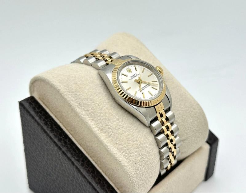 Rolex Ladies Oyster Perpetual 67193 Silver Dial 18k Yellow Gold Steel Box Paper - 6