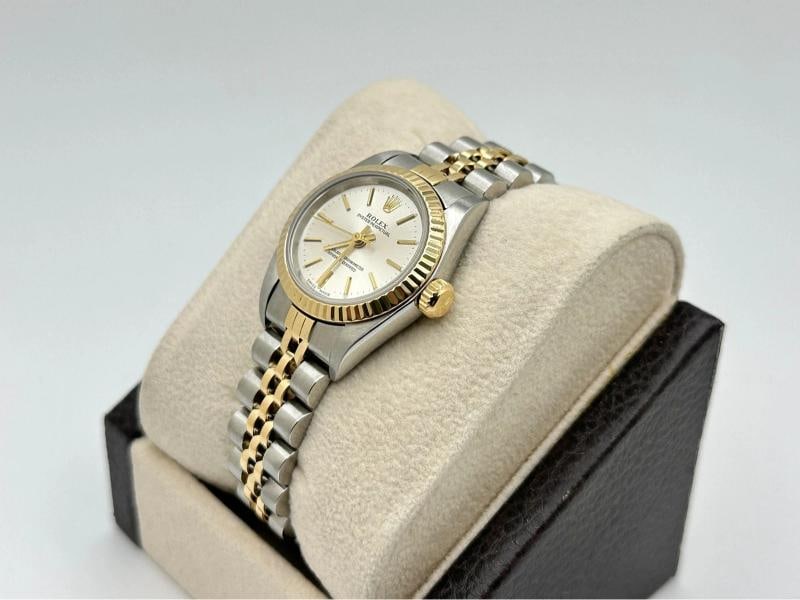 Rolex Ladies Oyster Perpetual 67193 Silver Dial 18k Yellow Gold Steel Box Paper - 7