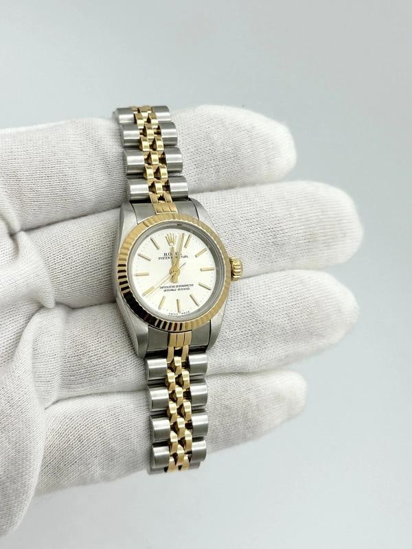Rolex Ladies Oyster Perpetual 67193 Silver Dial 18k Yellow Gold Steel Box Paper - 9