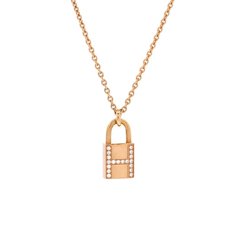 Hermes Amulettes Cadenas Pendant Necklace 18K Rose Gold with Diamonds: Measurements: Length: 15.0 - 16.0 ", Pendant Length: 16.50 mm, Pendant Width: 8.15 mm . Condition: Pre-owned - Good,Brand: Hermes,Main Stone: Diamond,Metal: 18K Rose Gold,Metal Purity: 18K,Style: