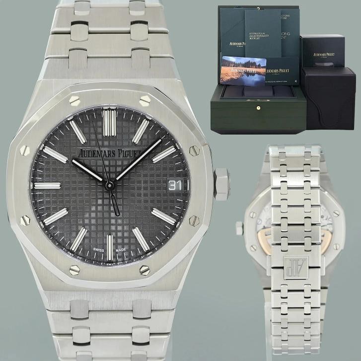 2026 AP SERVICE MINT PAPERS Audemars Piguet Royal Oak Steel 15510ST Grey Watch: Case & Dial Case Material: Audemars Piguet Stainless Steel Case Size: 41mm Bezel: Audemars Piguet Stainless Steel Crystal: Audemars Piguet Sapphire Dial: Audemars Piguet Grey Movement & Bracelet