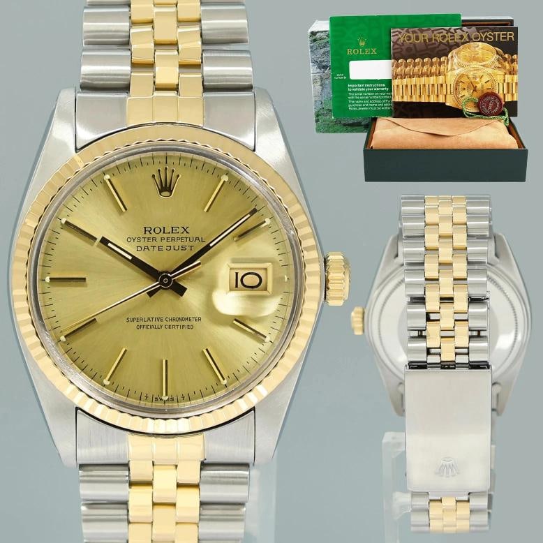 Rolex DateJust 16013 Champagne Stick Fluted Bezel Two Tone Gold Jubilee Watch: Case & Dial Case Material: Rolex Stainless Steel Case Size: 36mm Bezel: Rolex Yellow Gold Fluted Crystal: Rolex Acrylic Dial: Rolex Champagne Stick Movement & Bracelet Movement: Rolex Automatic