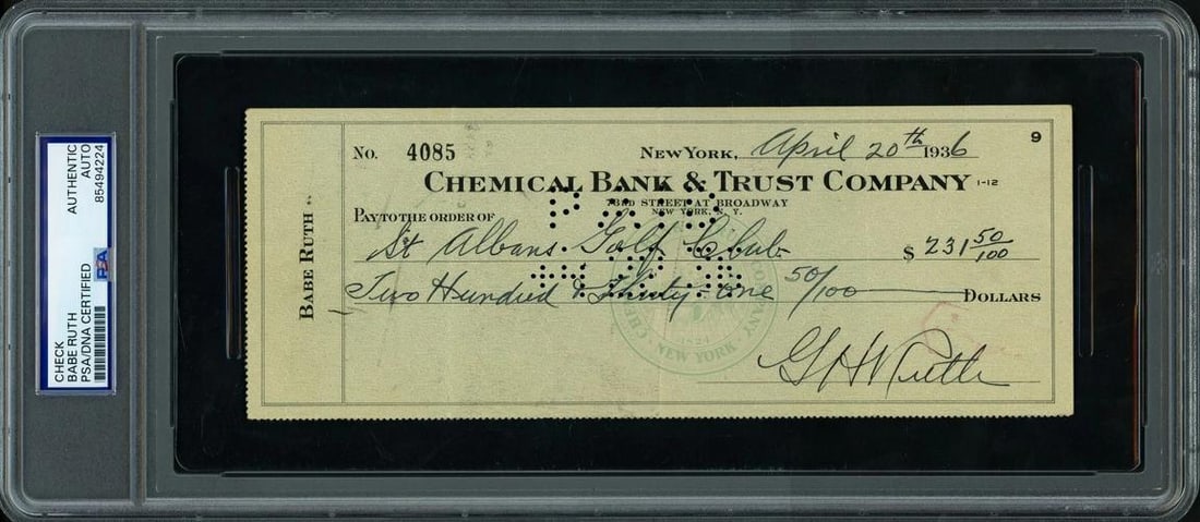 Babe Ruth Signed 3x8.5 Check New York Yankees (PSA): Player: Babe Ruth,Team: New York Yankees,Sport: Baseball-MLB,Product: Not Specified,Signed: Yes,Autograph Authentication: Professional Sports Authenticator (PSA),Original/Reprint: Original,Country of 