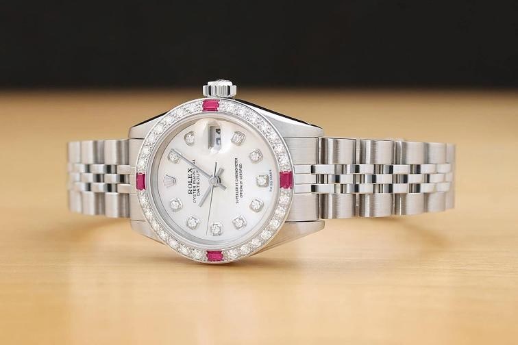 ROLEX LADIES DATEJUST 69174 18K GOLD MOTHER OF PEARL DIAMOND RUBY STEEL WATCH - 2