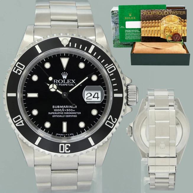 MINT Rolex Submariner Date Tritium 16610 Steel Black 40mm Oyster Watch Box: Case & Dial Case Material: Rolex Stainless Steel Case Size: 40mm Bezel: Rolex Black Crystal: Rolex Sapphire Dial: Rolex Black Tritium Movement & Bracelet Movement: Rolex Automatic Bracelet Design: Rol