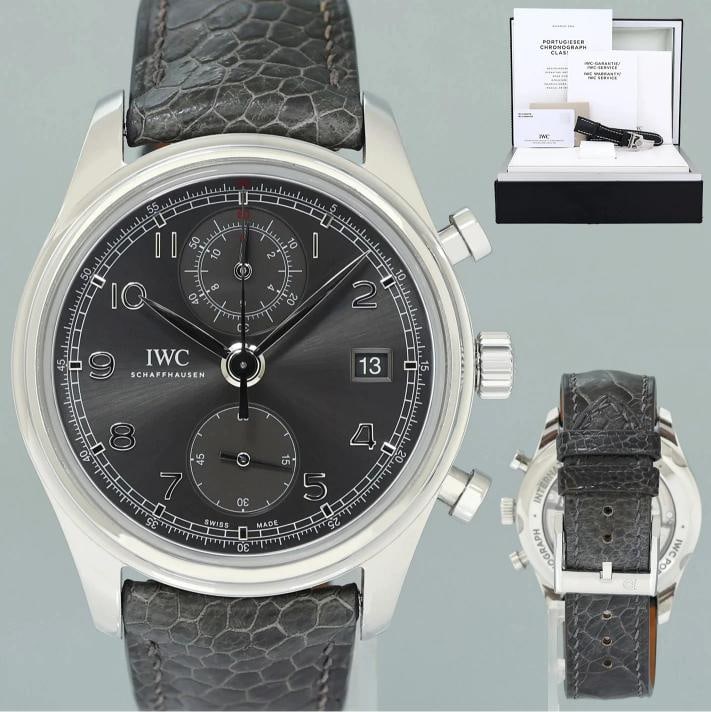 PAPERS MINT IWC Portofino Chronograph IW390404 Grey Leather 42mm Watch Box: Case & Dial Case Material: IWC Stainless Steel Case Size: 42mm Bezel: IWC Steel Crystal: IWC Sapphire Dial: IWC Grey Chrono Movement & Bracelet Movement: IWC Automatic Bracelet Design: IWC Leather and