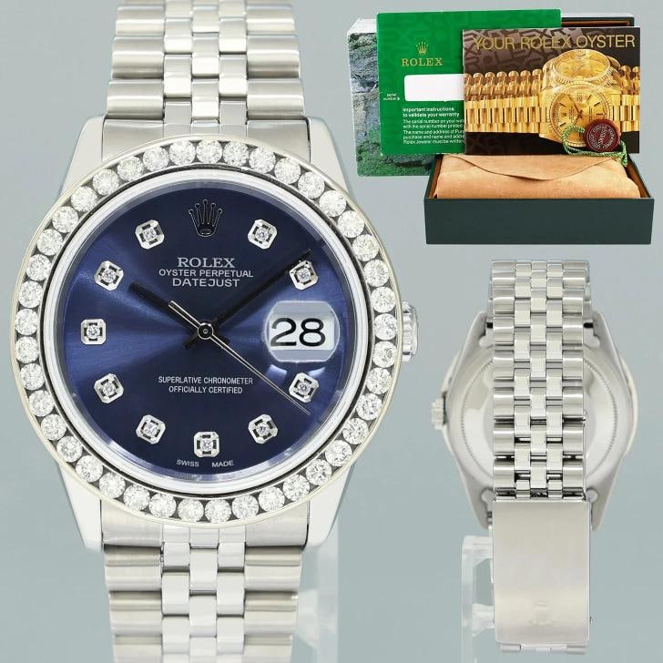 DIAMOND Bezel Rolex DateJust 36mm Blue Diamond 16200 Jubilee Steel Watch Box: Case & Dial Case Material: Rolex Stainless Steel Case Size: 36mm Bezel: Custom Diamond Crystal: Rolex Sapphire Dial: Custom Blue Diamond Movement & Bracelet Movement: Rolex Automatic Bracelet Design: 