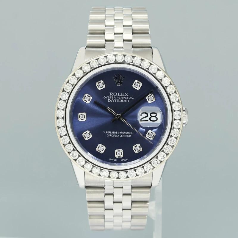 DIAMOND Bezel Rolex DateJust 36mm Blue Diamond 16200 Jubilee Steel Watch Box - 2