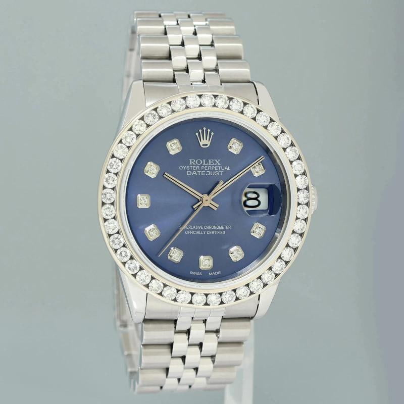 DIAMOND Bezel Rolex DateJust 36mm Blue Diamond 16200 Jubilee Steel Watch Box - 3