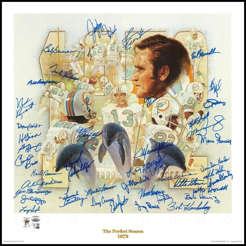 1972 Dolphins Perfect Season Team Auto Lithograph Photo 40+ Sigs Shula, Griese #: signed by more than 40 members of the 1972 Miami Dolphins Perfect Season Team. The members that signed this item are Don Shula, Bob Griese, Larry Csonka, Paul Warfeild, Nick Buoniconti, Jim Langer, La