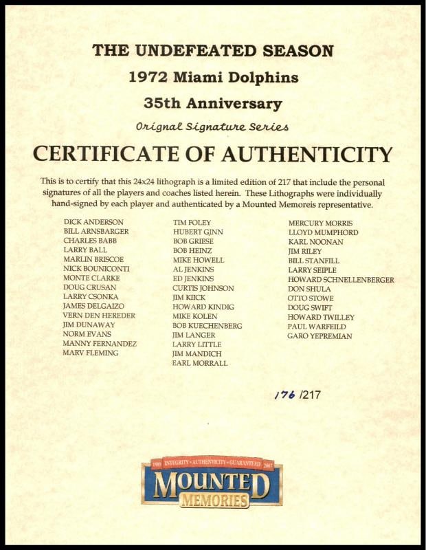 1972 Dolphins Perfect Season Team Auto Lithograph Photo 40+ Sigs Shula, Griese # - 9