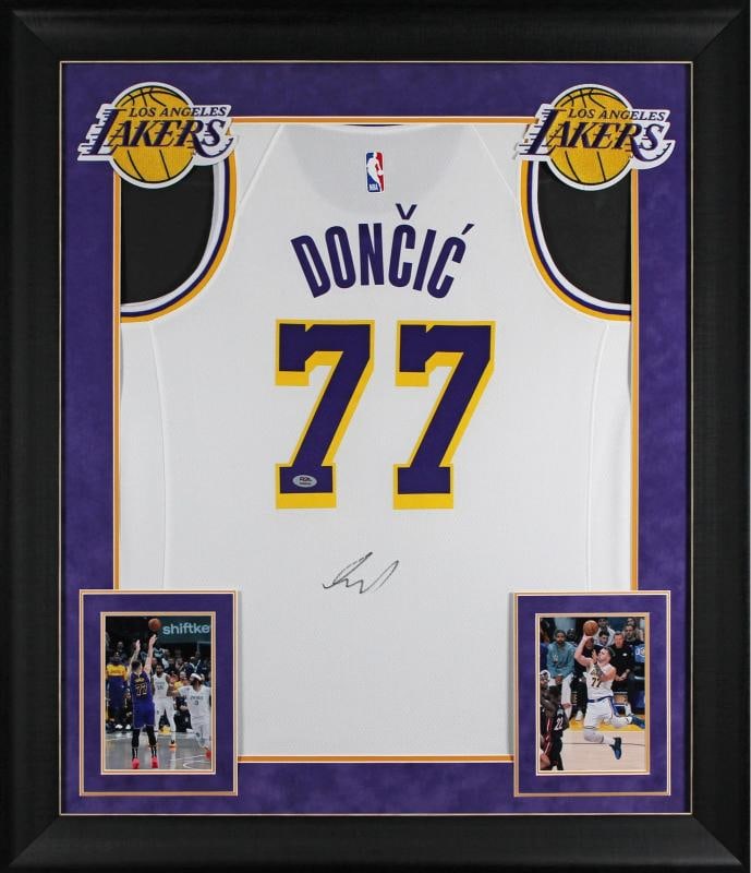 Lakers Luka Doncic Signed White Nike Swingman Framed Jersey PSA/DNA #AQ49100: Player: Luka Doncic,Product: Jersey,Original/Reprint: Original,Autograph Authentication: PSA,Team: Los Angeles Lakers,PRODUCT_COA: PSA,PRODUCT_SIGNED_BY_NAME: Luka Doncic,PRODUCT_SIGNED_BY_BRAND: Los