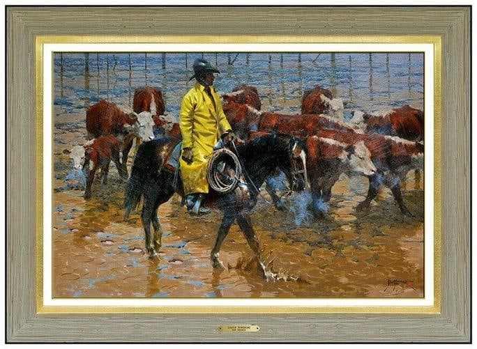 Dan Mieduch Large Original Oil Painting on Board Signed Western Horse Cowboy Art: Furthermore, the immaculate artwork is of impressive craftsmanship & size, measuring approximately 24" x 36" and 34" x 46" with its frame which was constructed specifically for this artwork.