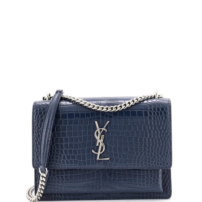 Saint Laurent Sunset Crossbody Bag Crocodile Embossed Leather Medium: Condition: Pre-owned - Excellent,Brand: Saint Laurent,Exterior Material: Leather,Style: Cross Body Bags,Exterior Color: Blue,Department: Women,Size: Medium,Accessories: Clochette
