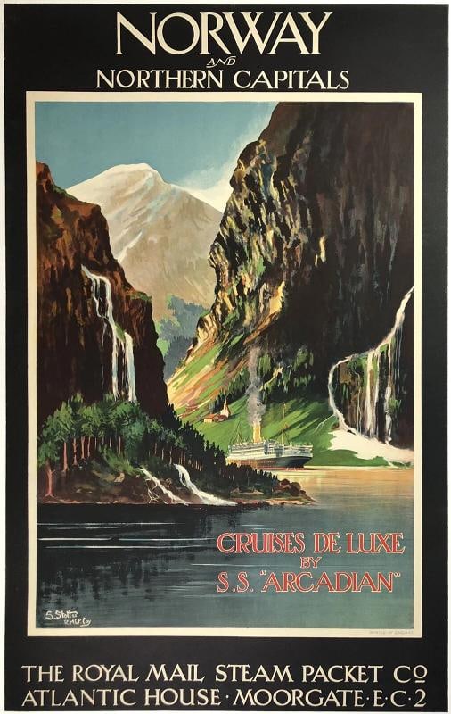 Original Vintage Poster NORWAY ROYAL MAIL Steamship Cruise Ship Travel LINEN: Dimensions: 24.9 x 39.8 in. / 63.3 x 101 cm.; Circa: 1920s Original vintage "NORWAY AND NORTHERN CAPITALS - CRUISES DE LUXE BY S.S. 'ARCADIAN' - THE ROYAL MAIL STEAM PACKET COMPANY" maritime travel