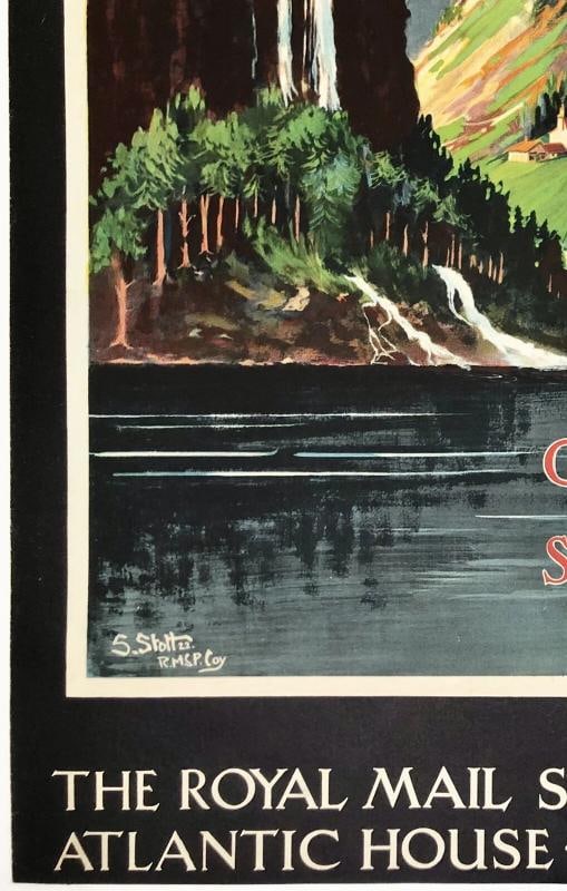 Original Vintage Poster NORWAY ROYAL MAIL Steamship Cruise Ship Travel LINEN - 4